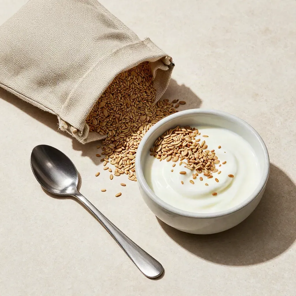 Sacchetto rovesciato di semi di canapa con yogurt, cucchiaio e granelli sparsi su pietra chiara