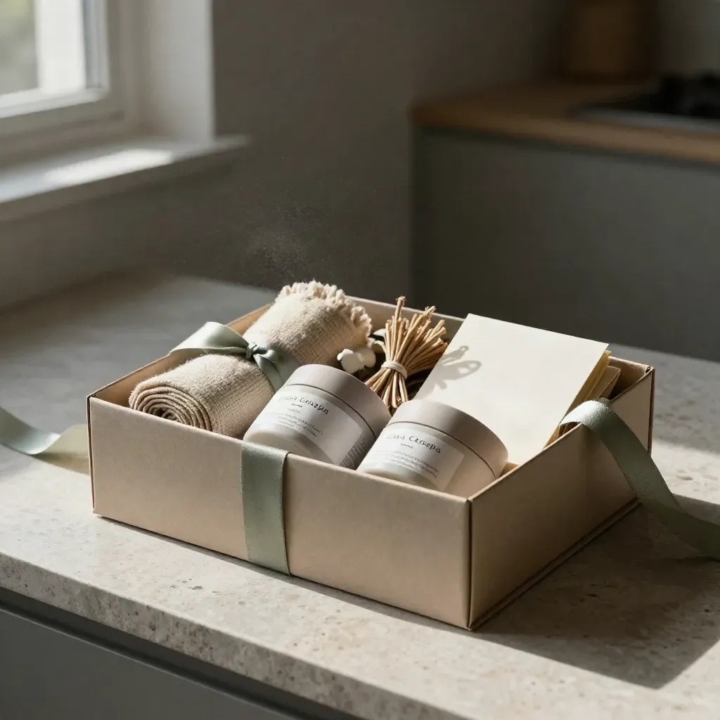 Box regalo aperta su pietra con tessili, cosmetici neutri e piccoli doni naturali.