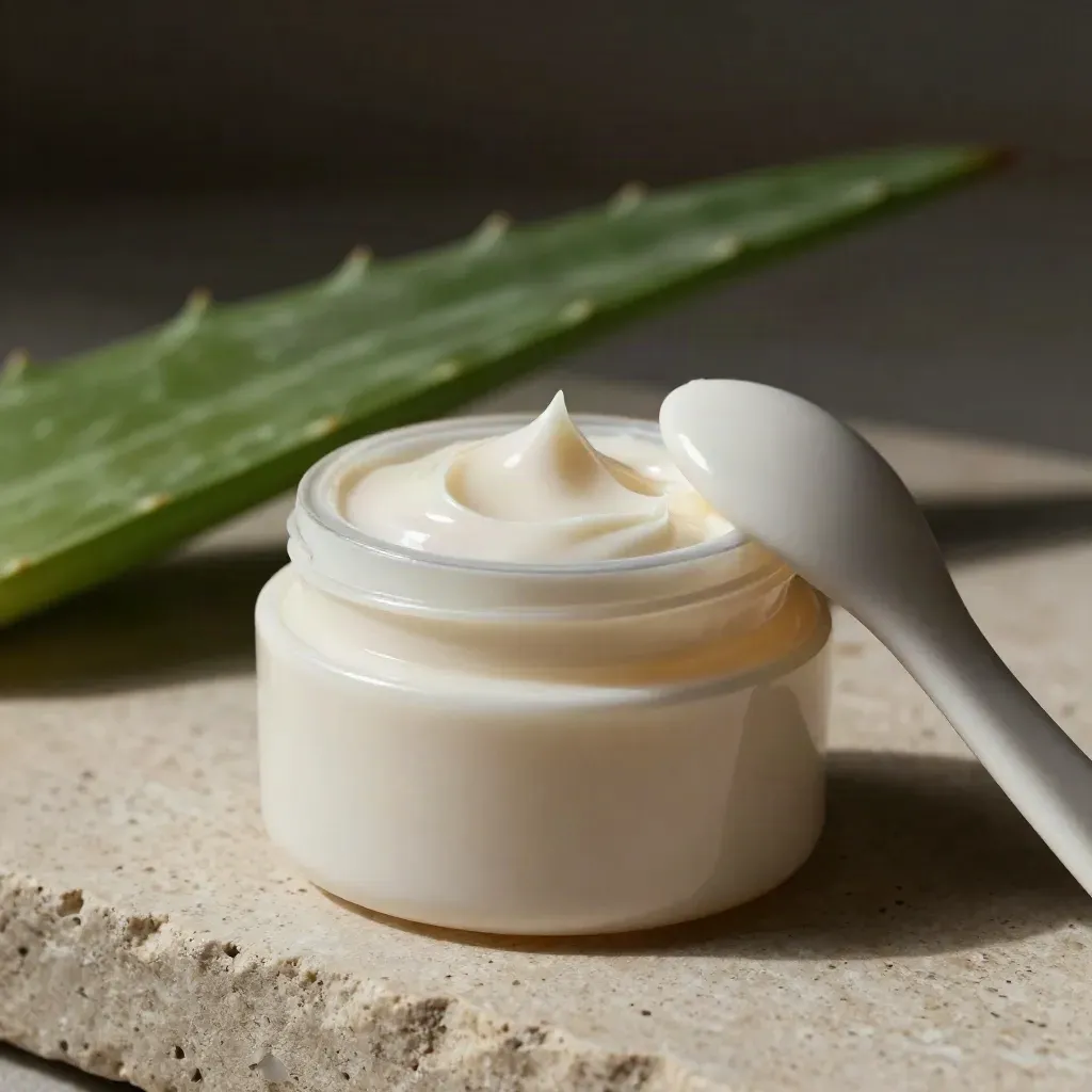 Vasetto di crema viso canapa e aloe con picco lucido, cucchiaino ceramico e foglia sfocata.
