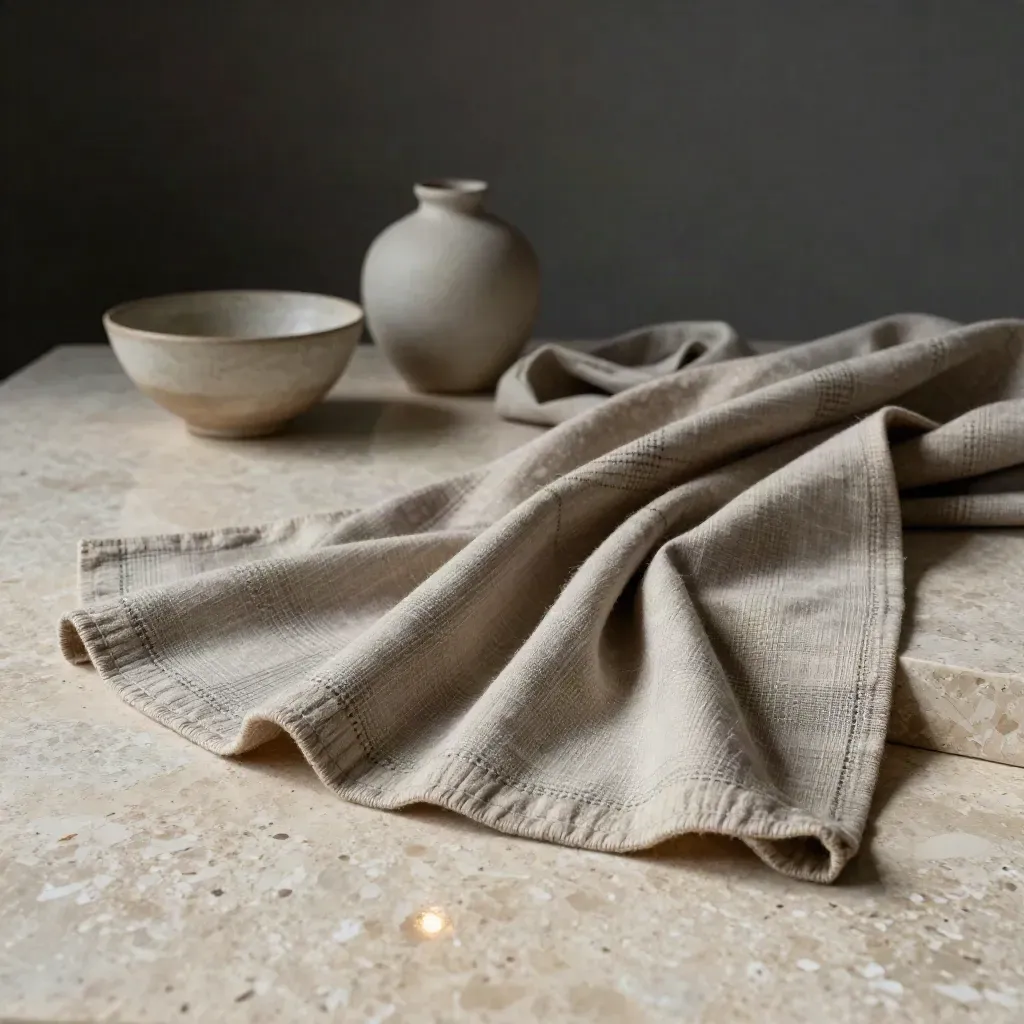 Plaid in canapa su travertino con ciotola in ceramica e vaso basso, luce drammatica.