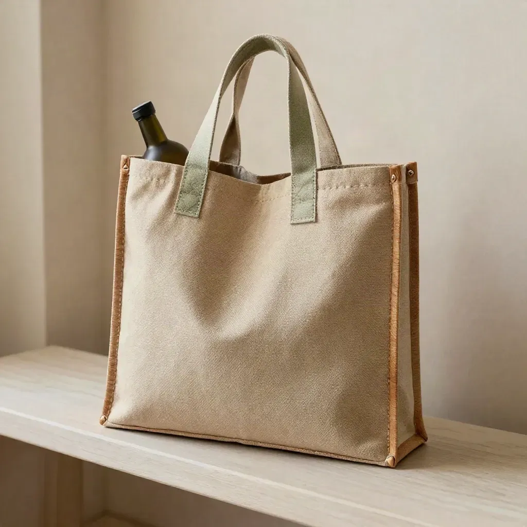 Borsa shopper in canapa appesa a una panca chiara, con lino piegato e bottiglia opaca visibile.