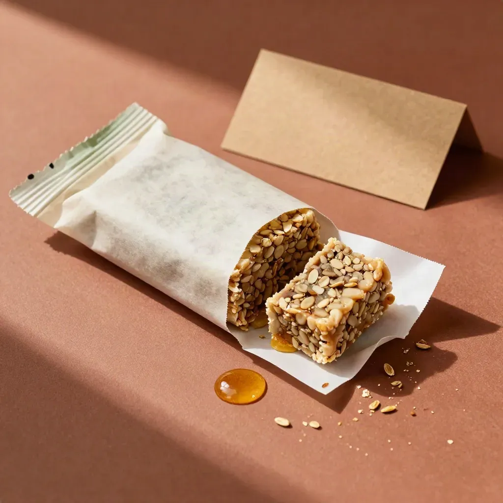 Barretta canapa e miele spezzata su carta cerata con briciole e goccia di miele.