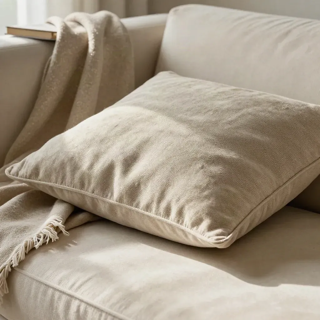 Cuscino in lino-canapa su divano bouclé crema con coperta arrotolata e libro sfocato.