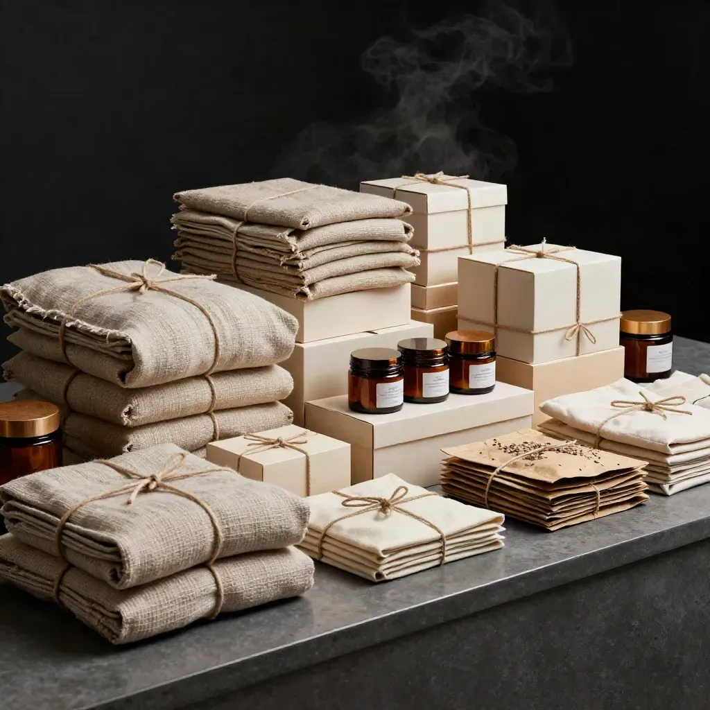 Kit boutique con tessili in canapa, cosmetici e box regalo impilati su banco scuro