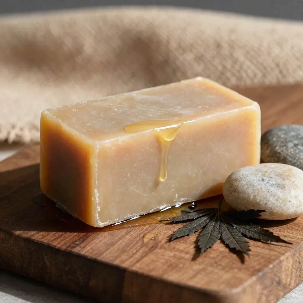 Primo piano macro di sapone canapa e olio con goccia, foglia scura, anello d’olio e pietra levigata.