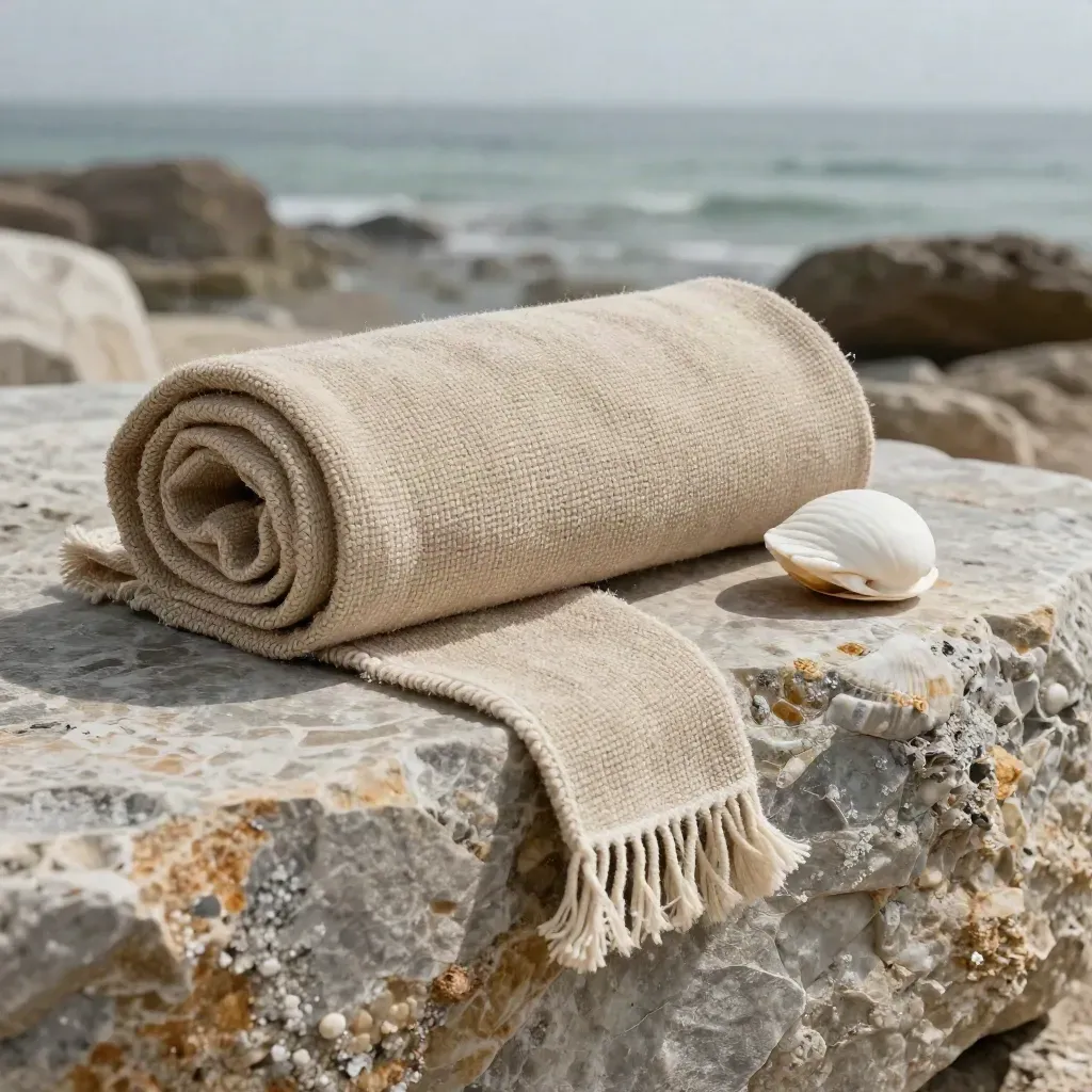 Telo mare in canapa arrotolato su pietra costiera con conchiglia e sale marino.