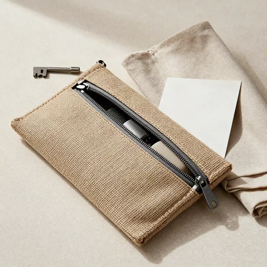 Pochette in juta e canapa semiaperta con zip, flaconcino neutro e tessuto piegato su pietra chiara.