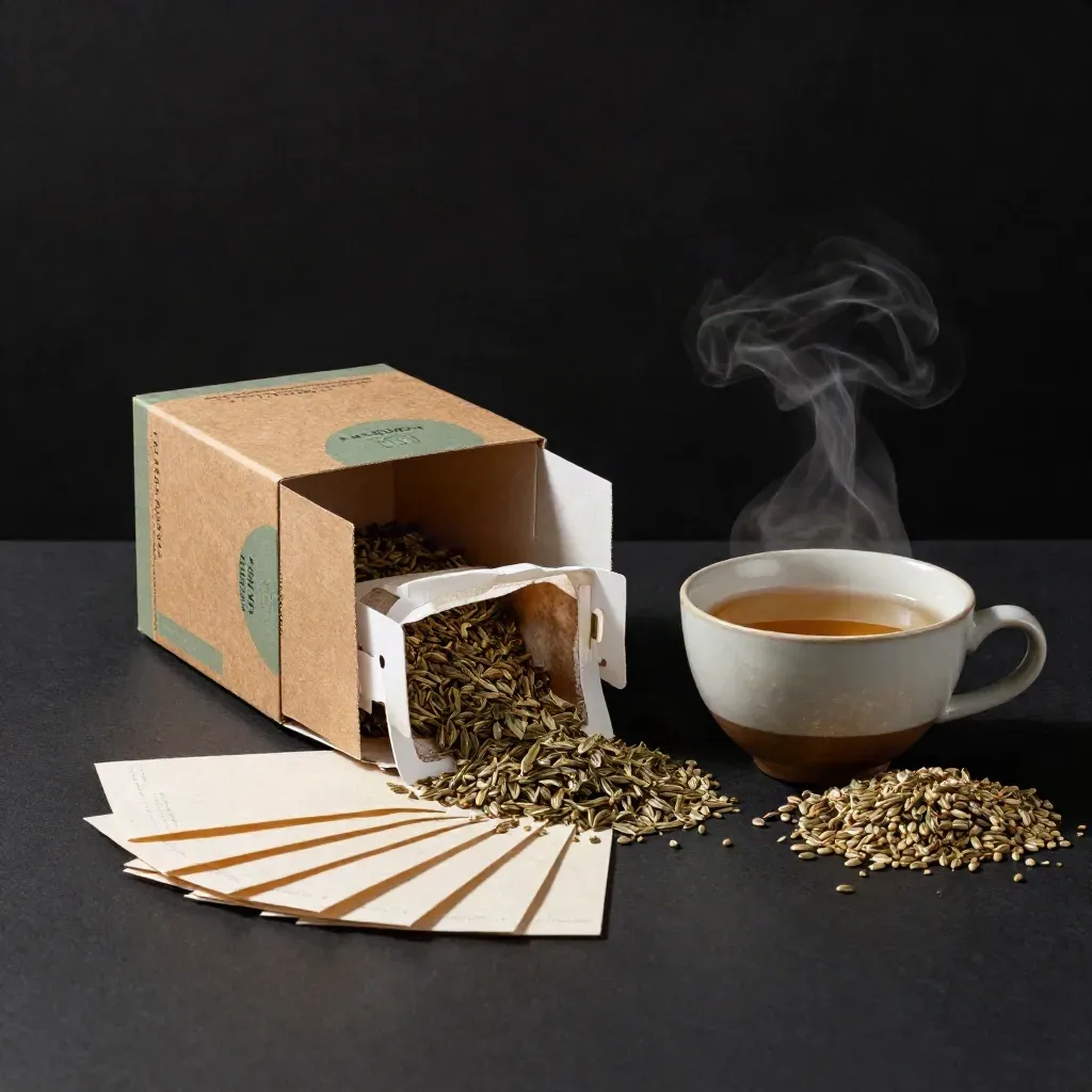 Tisana ai semi di canapa con scatola aperta, filtri sparsi e tazza fumante su sfondo scuro.