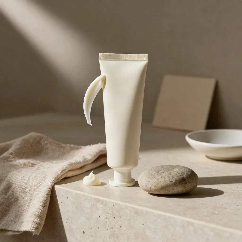 Tubetto crema mani canapa con crema vellutata e sasso levigato su mensola in travertino.