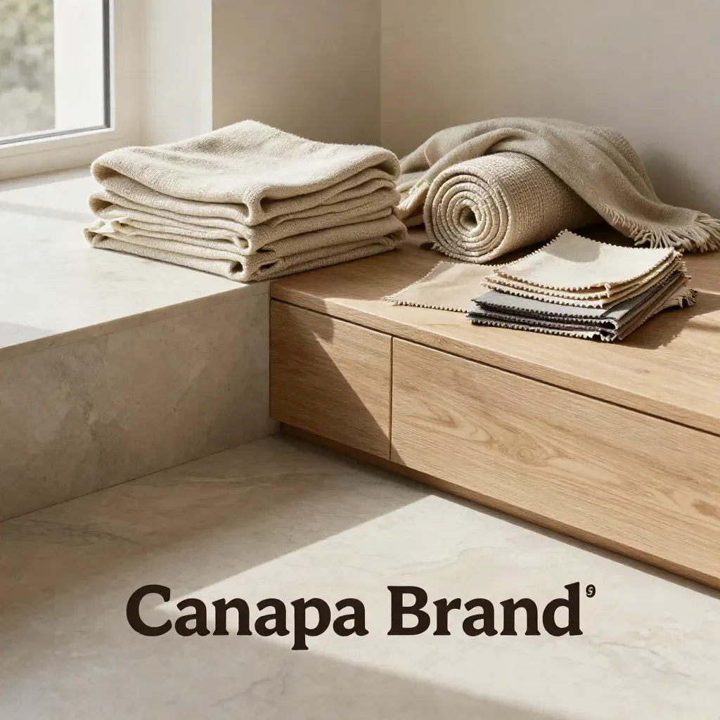 Interno minimale con marmo crema, rovere chiaro e tessuti canapa piegati, luce morbida.
