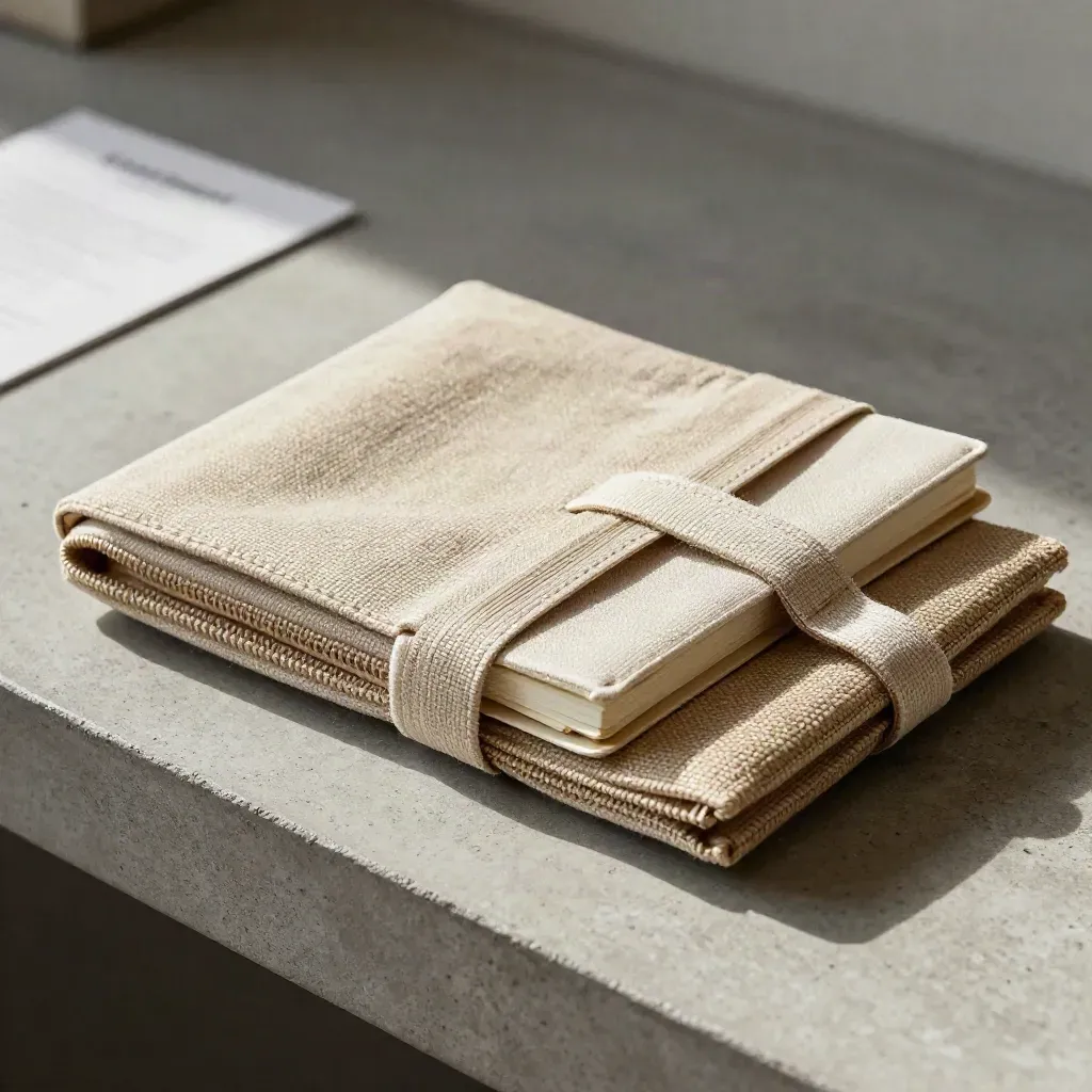 Kit regalo ufficio in canapa con pochette, blocco chiuso e accessorio tessile su cemento.