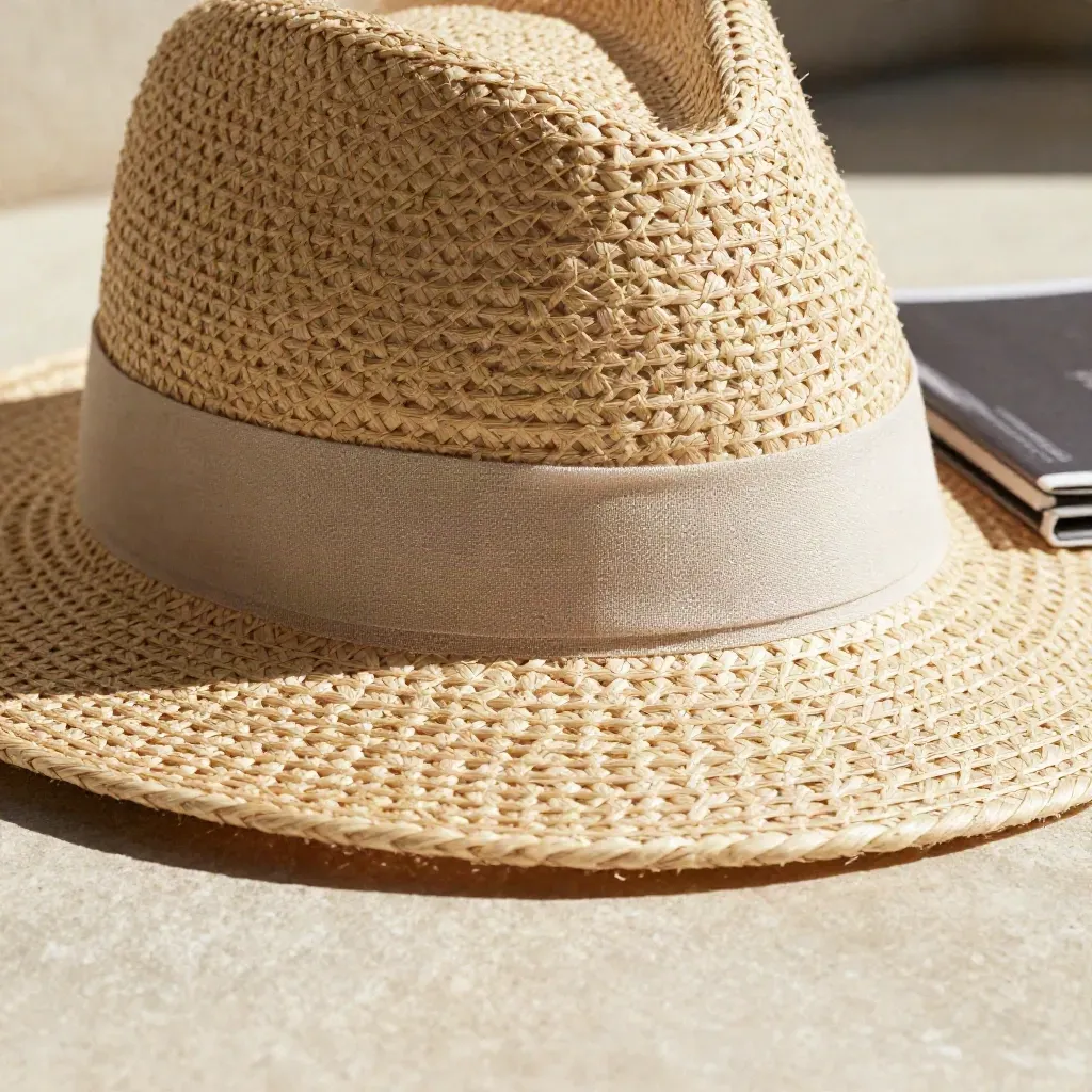 Cappello di canapa estivo su pietra chiara con fascia in lino, luce drammatica