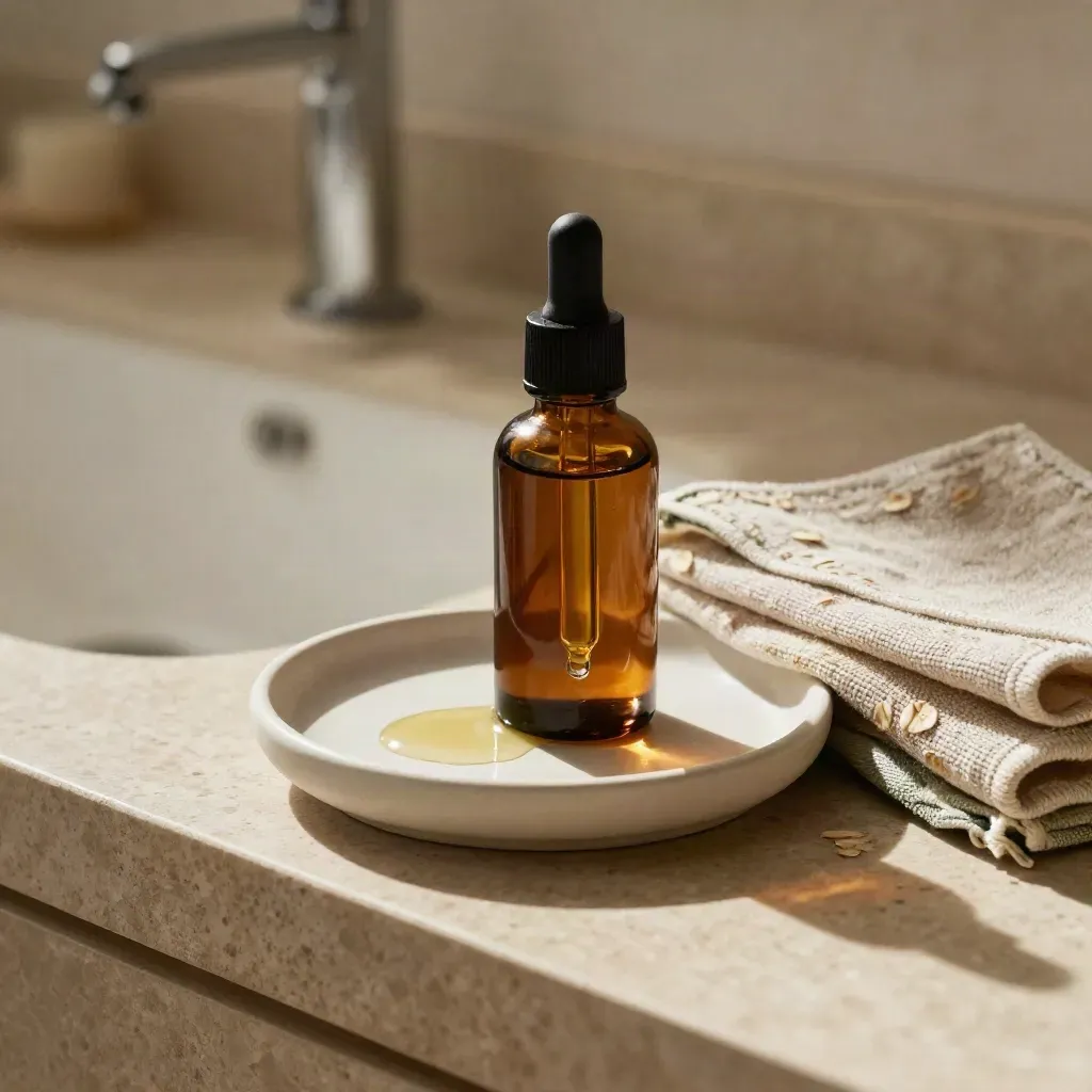 Boccetta ambrata di olio viso canapa con goccia sospesa su piattino ceramico e asciugamano piegato