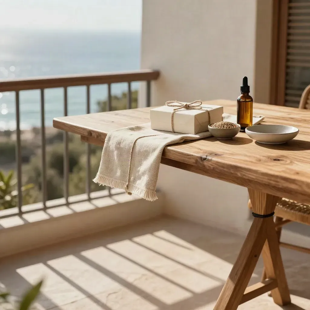 Terrazza mediterranea al sole con tavolo in legno, ceramiche e tessuti canapa.