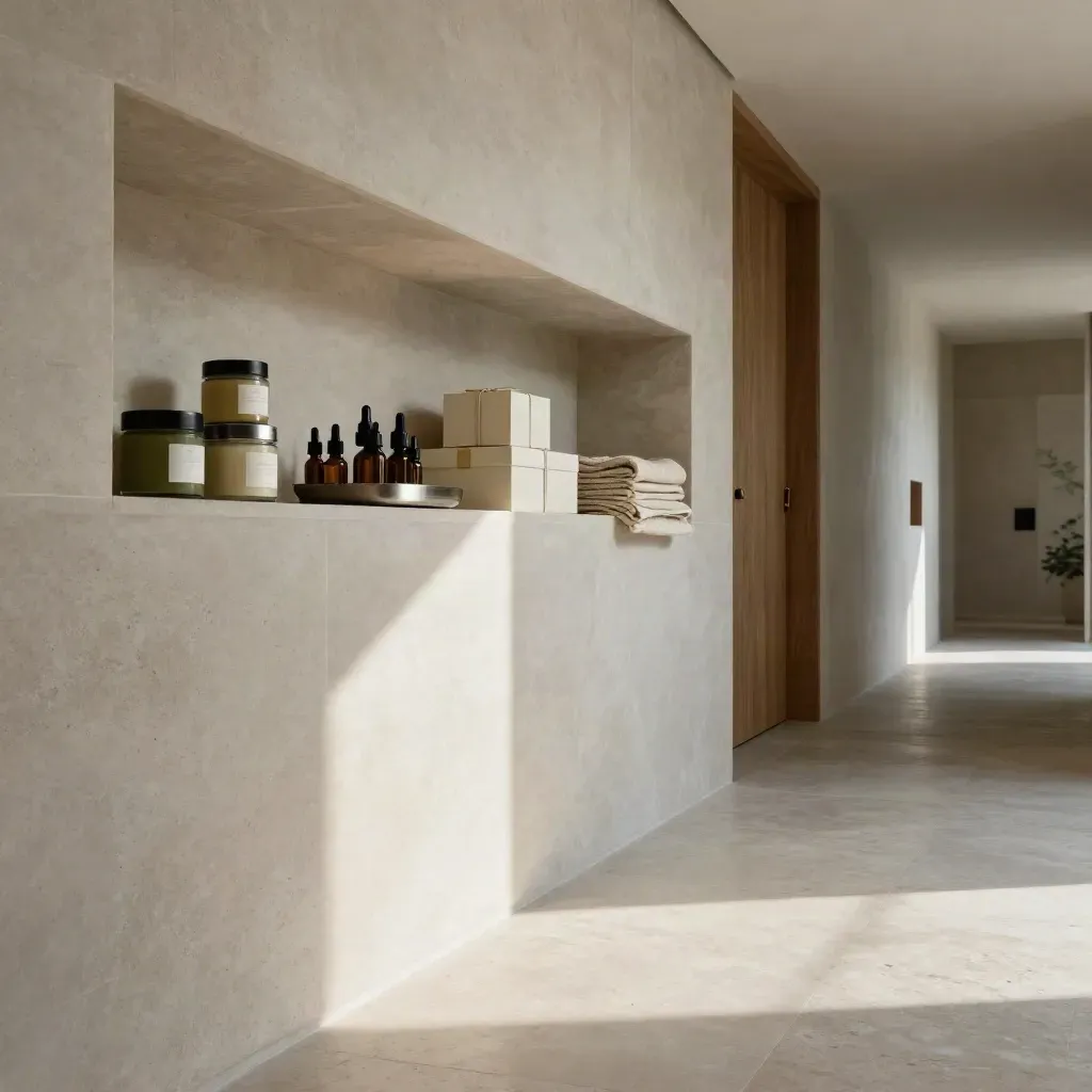 Corridoio boutique in pietra e legno con nicchia luminosa e prodotti corpo in alto.