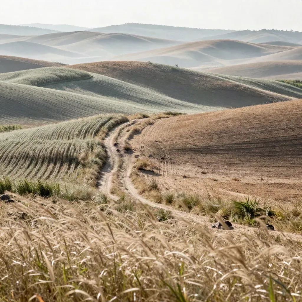 Colline di canapa con sentiero di terra e foschia leggera dopo la pioggia